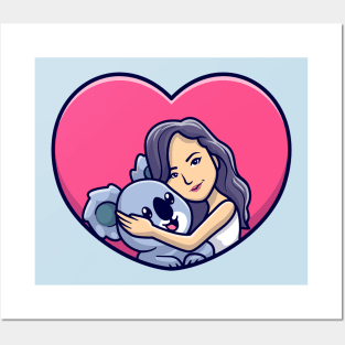 Cute Girl Hug Koala In Love Heart Cartoon Posters and Art